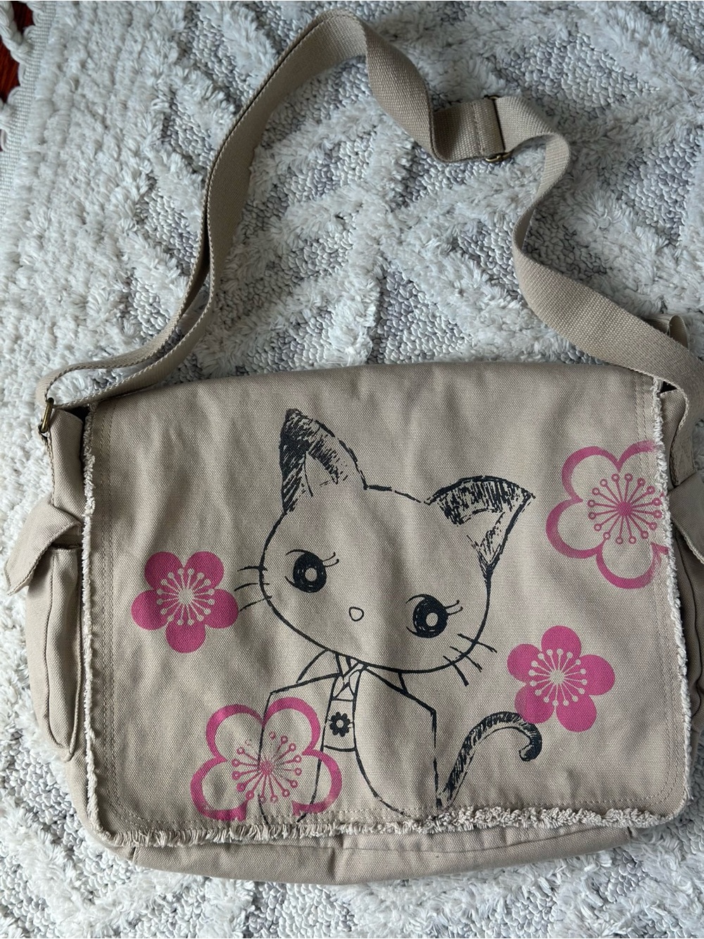 Japanese Cartoon Cat Print Crossbody Bag with Pink Cherry Blossoms Accents